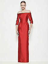Front View Thumbnail - Poppy Red Off-the-Shoulder 3/4 Sleeve Column Satin Maxi Dress