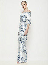 Side View Thumbnail - Cottage Rose Larkspur Off-the-Shoulder 3/4 Sleeve Satin Floral Maxi Dress with Column Skirt