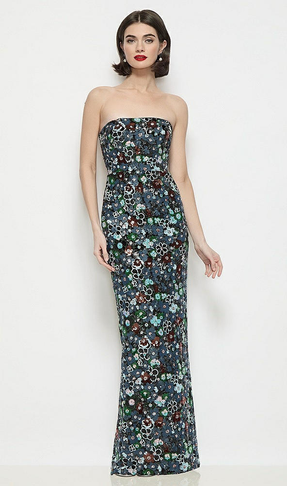 Front View - Black Multi Strapless Column Stretch Floral Sequin Maxi Dress