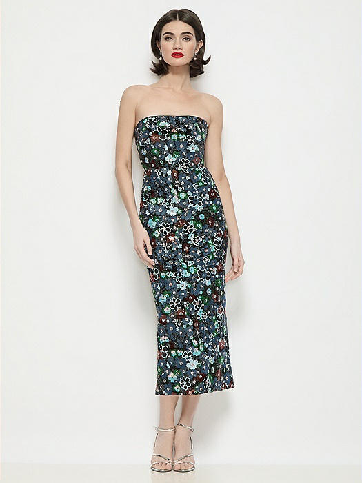 Strapless Column Stretch Floral Sequin Midi Dress