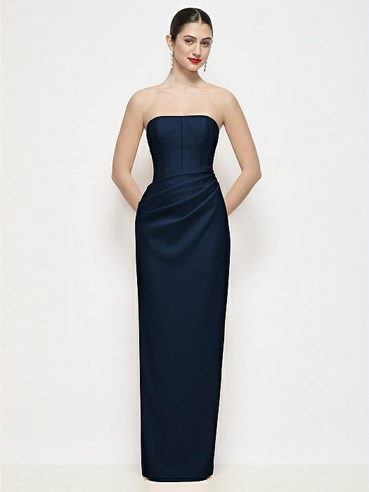 Strapless Asymmertical Drop Waist Corset Maxi Dress with Column Skirt