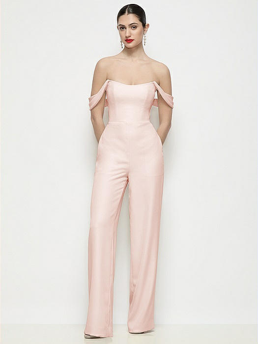 Off-the-Shoulder Basque Neck Crepe Wide Leg Formal Jumpsuit