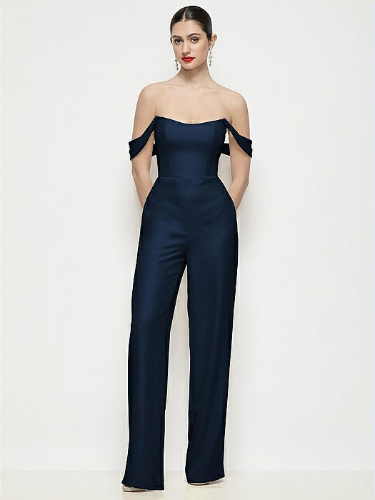 Off-the-Shoulder Basque Neck Crepe Wide Leg Formal Jumpsuit