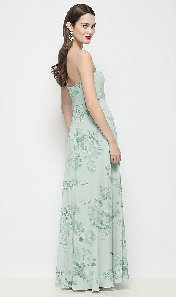 Back View - Mint Green Floral Strapless Chiffon Floral Maxi Dress with Soft Circle Skirt