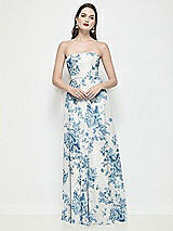 Front View Thumbnail - Cottage Rose Dusk Blue Strapless Chiffon Floral Maxi Dress with Soft Circle Skirt