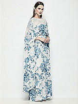 Side View Thumbnail - Cottage Rose Dusk Blue High-Low Sheer Floral Chiffon Cape