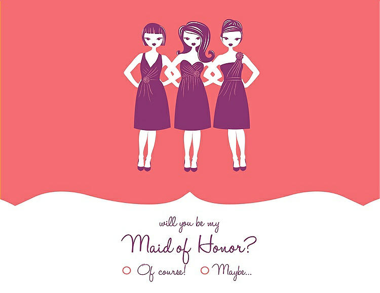 Front View - Coral & Persian Plum Will You Be My Maid of Honor Card - Girls Checkbox