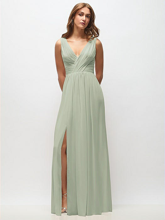 Sleeveless Draped Chiffon Maxi Dress with Front Slit