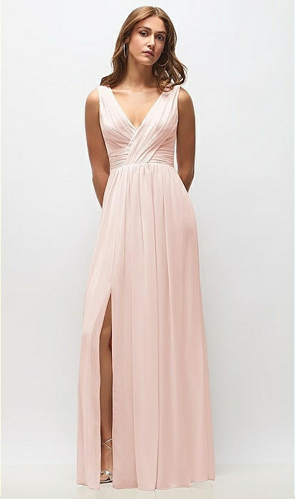 fitted lace wedding dress Blush Pink Formal Maxi Dresses Open Back Lace Sleeve Beach Wedding Guest Dresses APD3449 main image 1