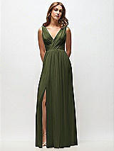 Front View Thumbnail - Olive Green Sleeveless Draped Chiffon Maxi Dress with Front Slit