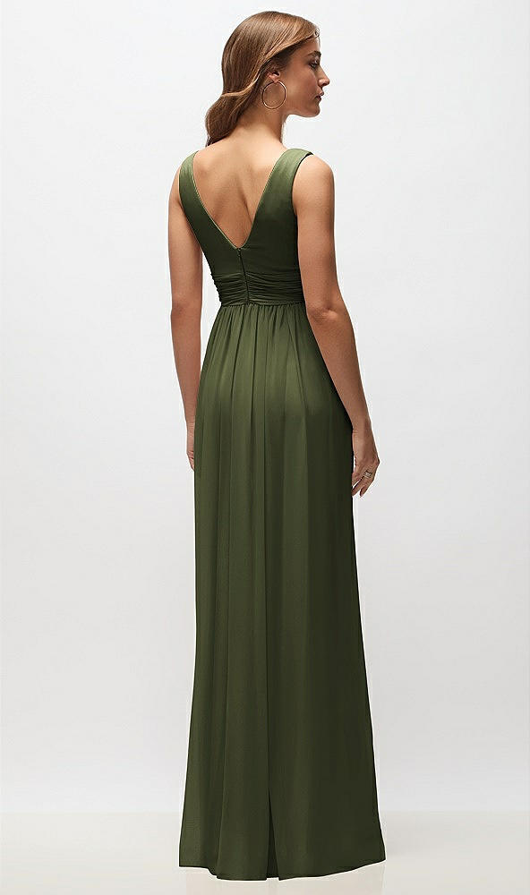 Back View - Olive Green Sleeveless Draped Chiffon Maxi Dress with Front Slit