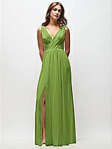 Front View Thumbnail - Peridot Green Sleeveless Draped Chiffon Maxi Dress with Front Slit