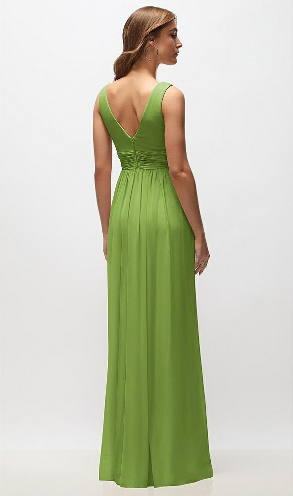 Back View - Peridot Green Sleeveless Draped Chiffon Maxi Dress with Front Slit