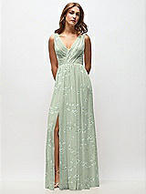 Front View Thumbnail - Vintage Primrose Sage Sleeveless Draped Chiffon Maxi Dress with Front Slit