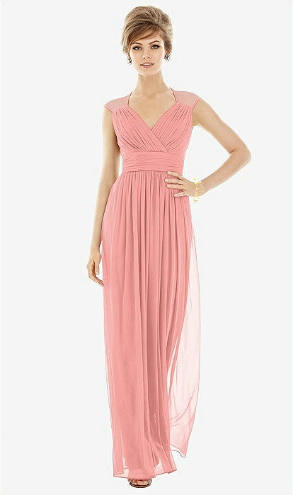 Chiffon Knit Cap Sleeve Vneck Maxi Bridesmaid Dress In Apricot | The Dessy  Group