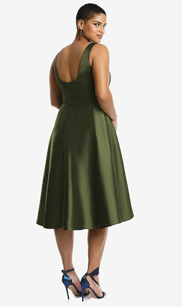 Back View - Olive Green Bateau Neck Satin High Low Cocktail Dress