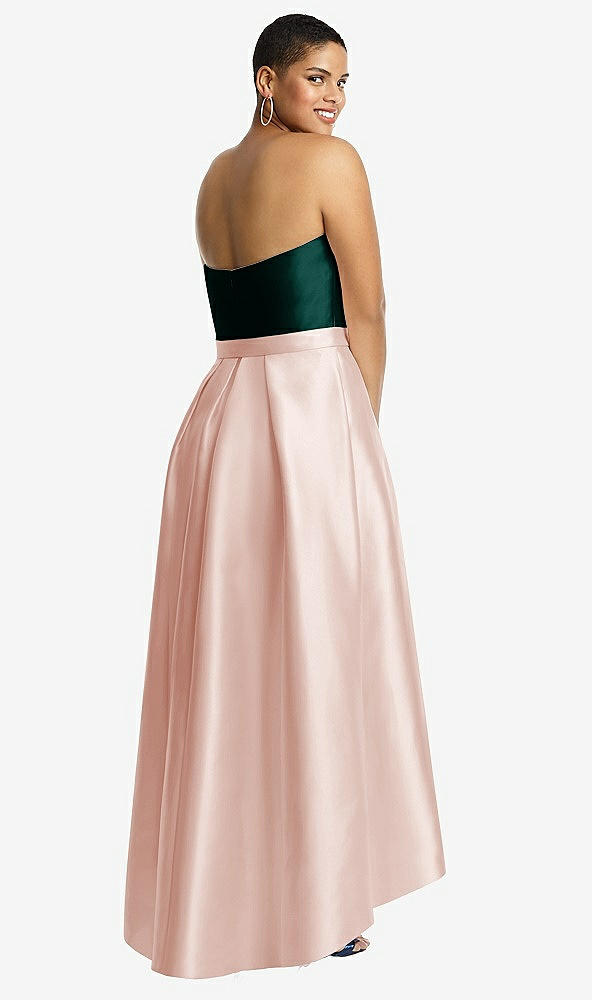 Back View - Blush & Evergreen Strapless Satin High Low Dress with Pockets
