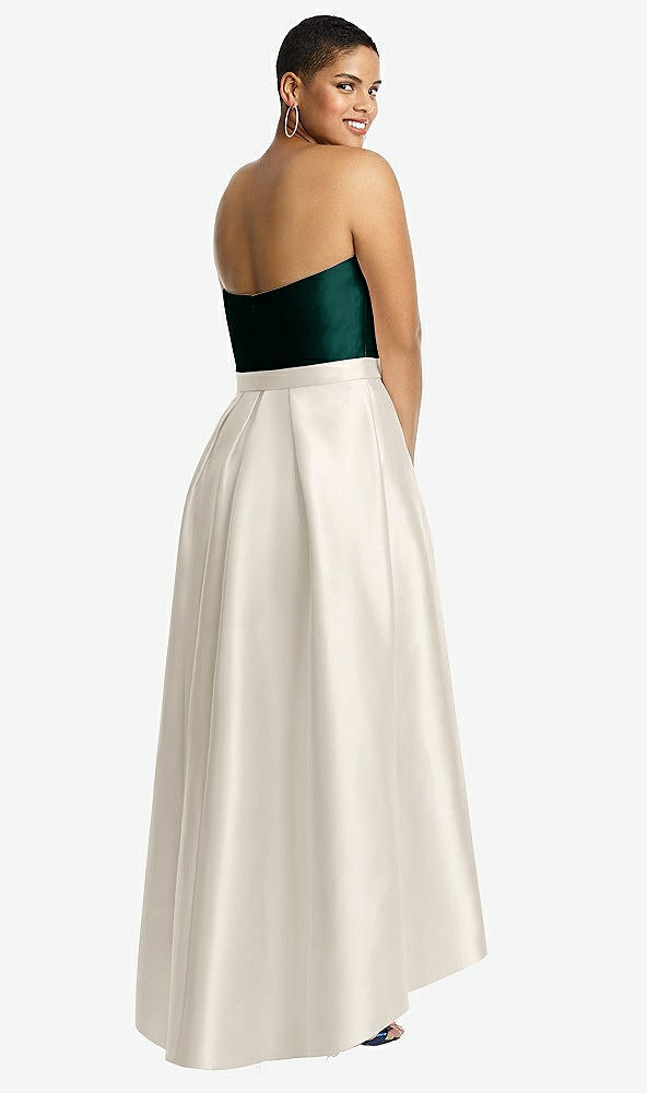 Back View - Ivory & Evergreen Strapless Satin High Low Dress with Pockets