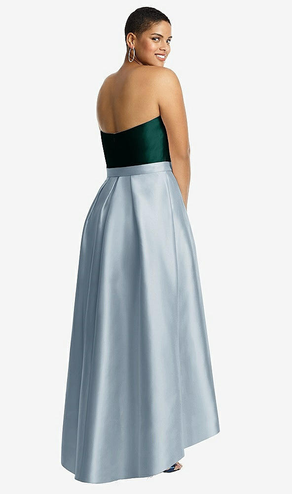 Back View - Mist & Evergreen Strapless Satin High Low Dress with Pockets