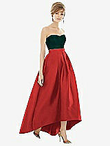 Alt View 1 Thumbnail - Poppy Red & Evergreen Strapless Satin High Low Dress with Pockets
