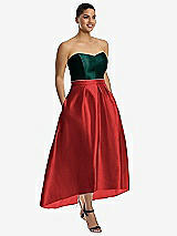 Front View Thumbnail - Poppy Red & Evergreen Strapless Satin High Low Dress with Pockets