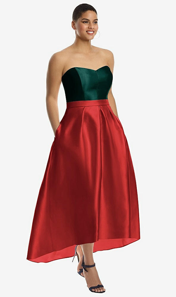 Front View - Poppy Red & Evergreen Strapless Satin High Low Dress with Pockets