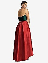 Rear View Thumbnail - Poppy Red & Evergreen Strapless Satin High Low Dress with Pockets