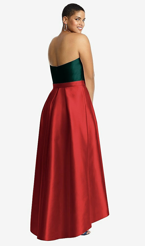 Back View - Poppy Red & Evergreen Strapless Satin High Low Dress with Pockets