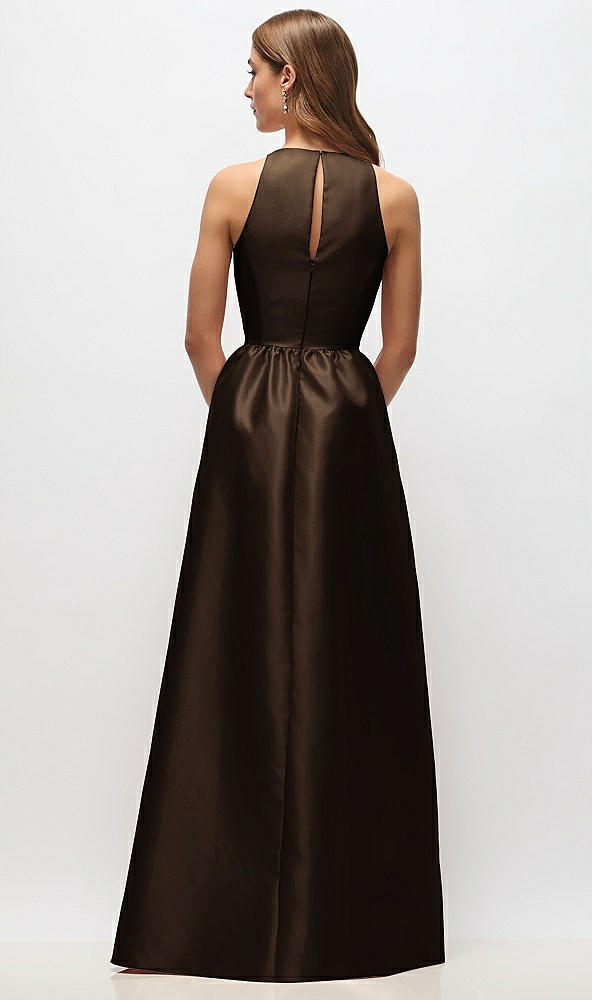 Back View - Espresso Sleeveless Keyhole Back Satin Maxi Dress