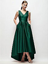 Front View Thumbnail - Hunter Green Sleeveless Pleated Skirt High Low Dress with Pockets