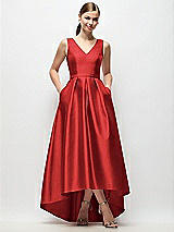 Front View Thumbnail - Poppy Red Sleeveless Pleated Skirt High Low Dress with Pockets