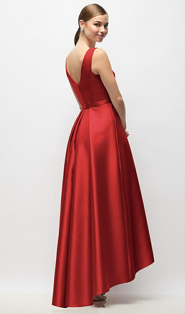 Back View - Poppy Red Sleeveless Pleated Skirt High Low Dress with Pockets