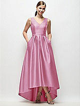 Front View Thumbnail - Powder Pink Sleeveless Pleated Skirt High Low Dress with Pockets