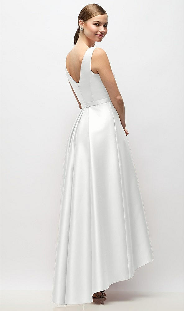 Back View - White Sleeveless Pleated Skirt High Low Dress with Pockets