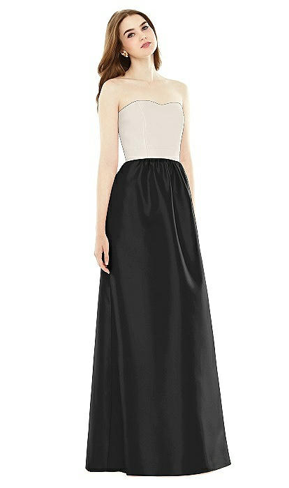 Full Length Strapless Satin Twill Bridesmaid Dress With Pockets In Black &  Ivory