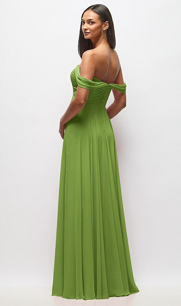 Back View - Peridot Green Off-the-Shoulder Draped Chiffon Maxi Dress