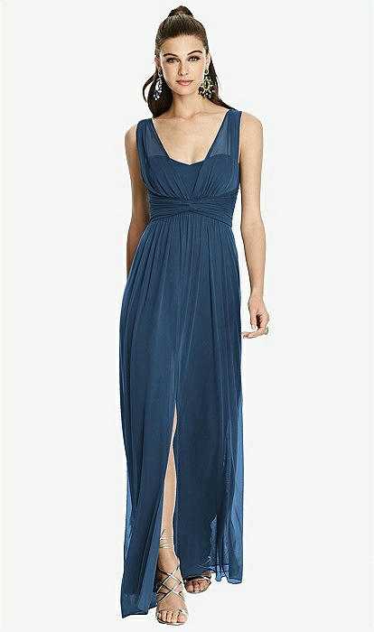 Maxi Chiffon Knit Shirred Strap Bridesmaid Dress In Sofia Blue