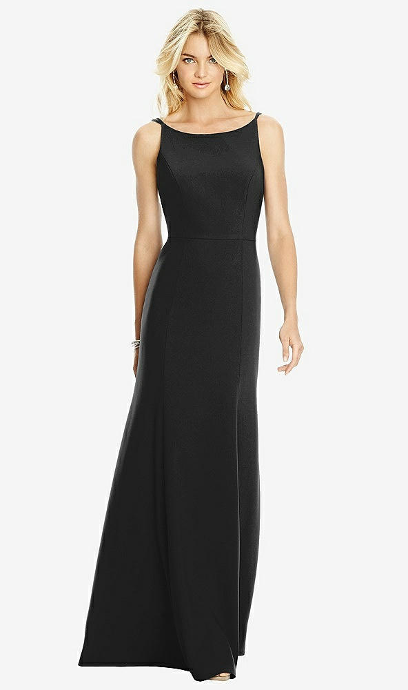 Back View - Black Bateau Neck Open-Back Trumpet Gown