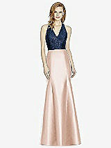 Front View Thumbnail - Cameo & Midnight Navy Studio Design Collection 4514 Full Length Halter V-Neck Bridesmaid Dress