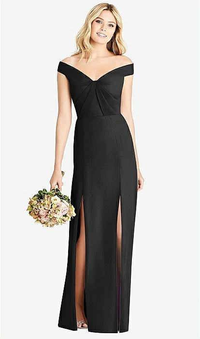 Off-the-Shoulder Pleated Bodice Dress with Front Slits