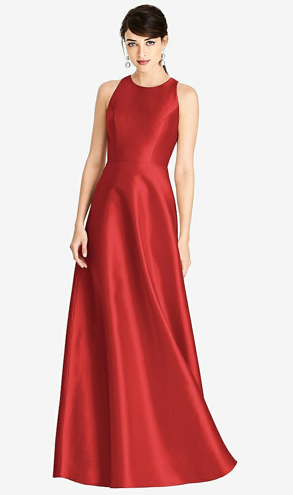 Front View - Poppy Red Sleeveless Open-Back Satin A-Line Dress