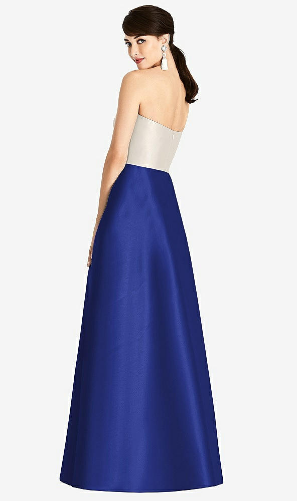 Back View - Cobalt Blue & Ivory Strapless A-Line Satin Dress with Pockets
