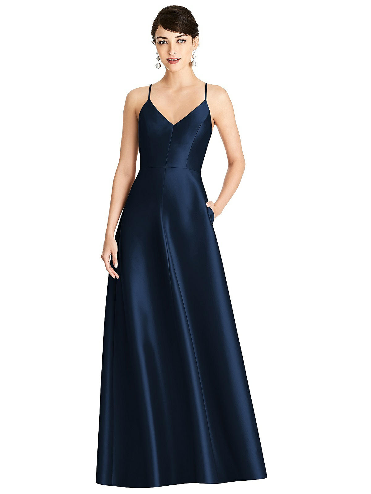 V-neck Full Skirt Satin Maxi Bridesmaid Dress In Midnight Navy