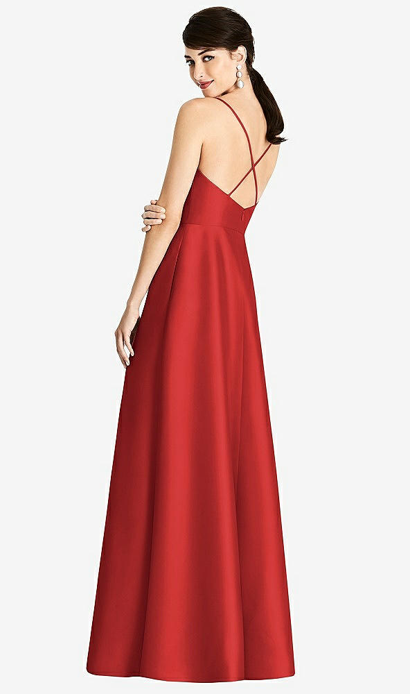 Back View - Poppy Red V-Neck Full Skirt Satin Maxi Dress