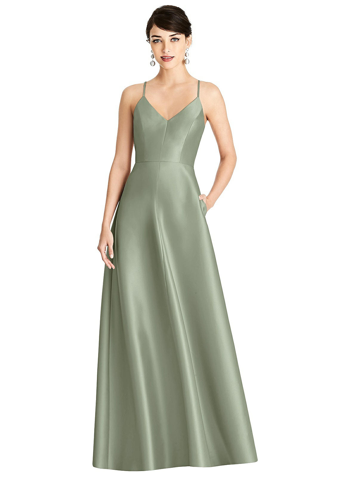 V-neck Full Skirt Satin Maxi Bridesmaid Dress In Sage | The Dessy Group V-neck Full Skirt Satin Maxi Bridesmaid Dress In Sage | The Dessy Group