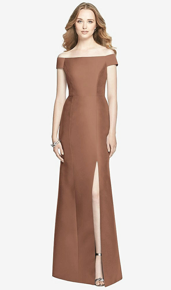 Front View - Cognac Off-the-Shoulder Criss Cross Back Satin Dress