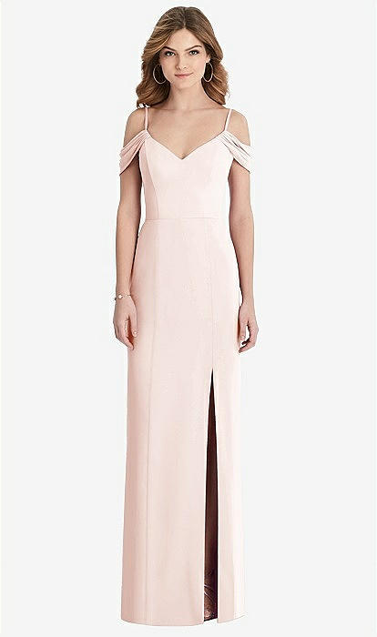 Off-the-shoulder Chiffon Trumpet Bridesmaid Dress With Front Slit In Blush 