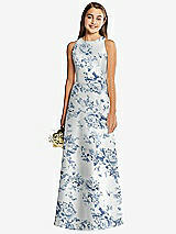 Front View Thumbnail - Cottage Rose Larkspur Floral Sleeveless Open-Back Satin Junior Bridesmaid Dress