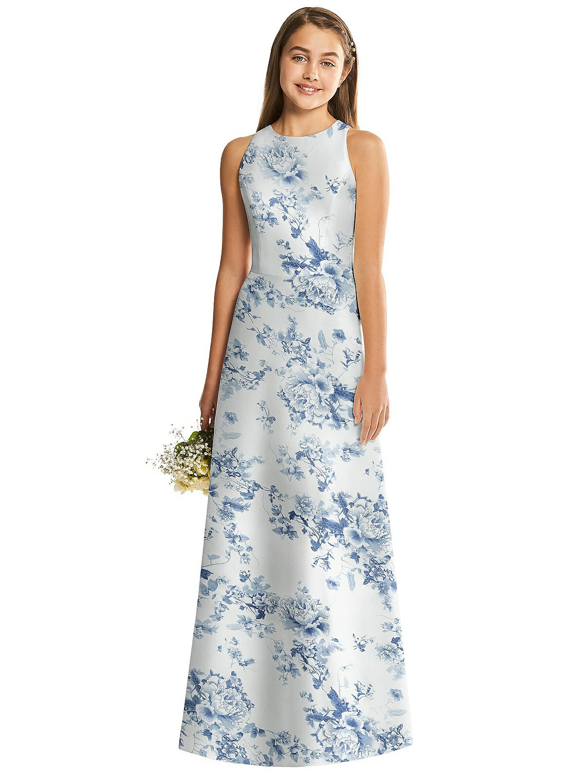 Floral Sleeveless Open-Back Satin Junior Bridesmaid Dress