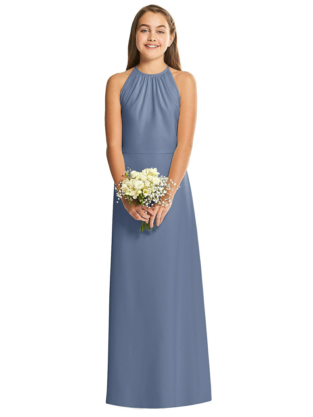 blue dress for baby girl Slate Blue Chiffon Ruffled Slit Strappy Back Long Bridesmaid Prom Dress